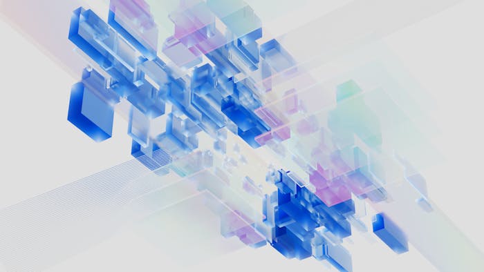 Abstract 3D visualization of blue and pink digital blocks representing AI data processing