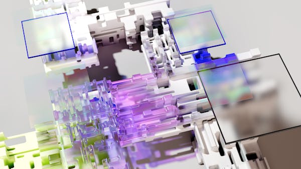 Colorful abstract 3D rendering of neural network AI technology in blue and orange